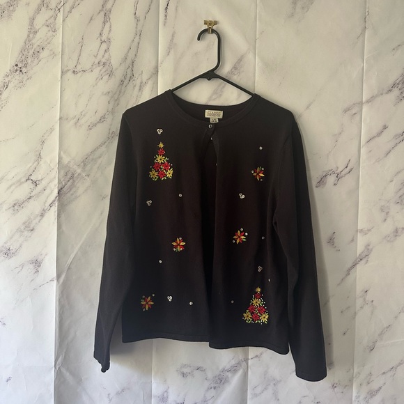 VTG 90s CLASSIC ELEMENTS HOLIDAY FLORAL EMBROIDERED CARDIGAN SWEATER WOMEN LARGE - Picture 1 of 10